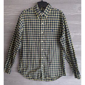 Ralph Lauren Mens Plaid Button Down Shirt Yellow Navy Blue Size M-Blue Pony